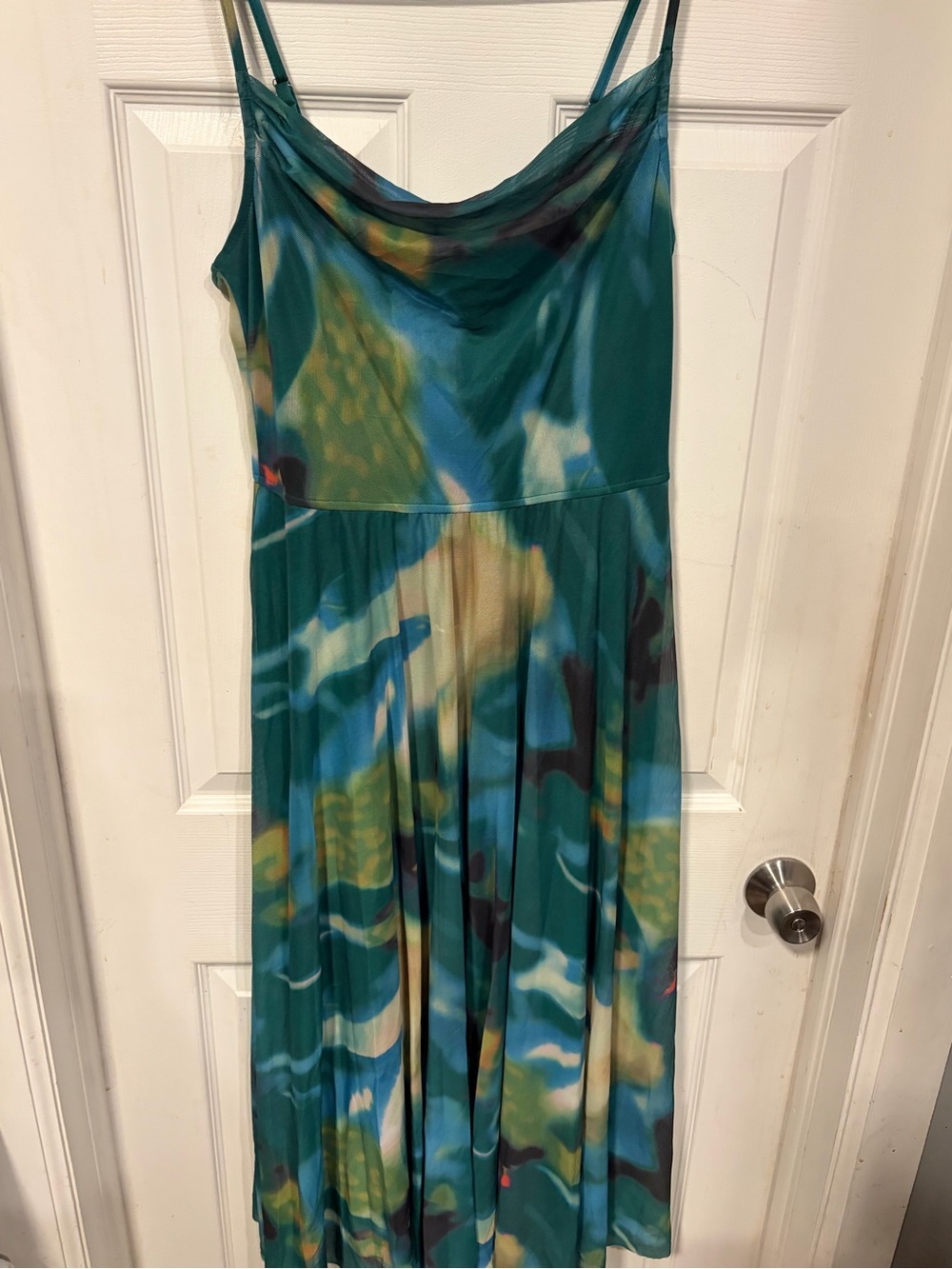 Teal Multi-Pattern Cowl Neck Maxi Dress
